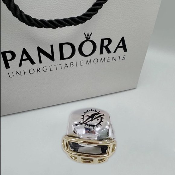 Pandora Miami Dolphins NFL Football Helmet Charm 14K Gold and S925 Silver - Picture 1 of 6